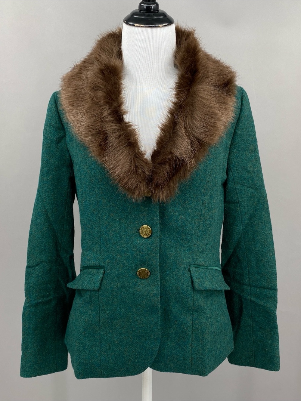 Talbots Aberdeen Green Button Blazer Jacket Faux Fur Collar Women's 2 Wool Blend